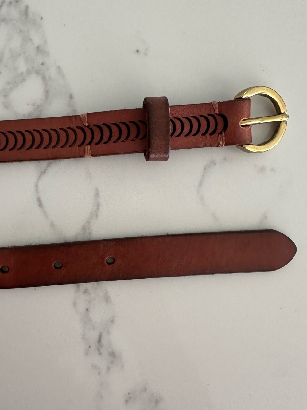 Vintage Fossil Perforated Genuine Leather Belt Brown with Round Brass Buckle S